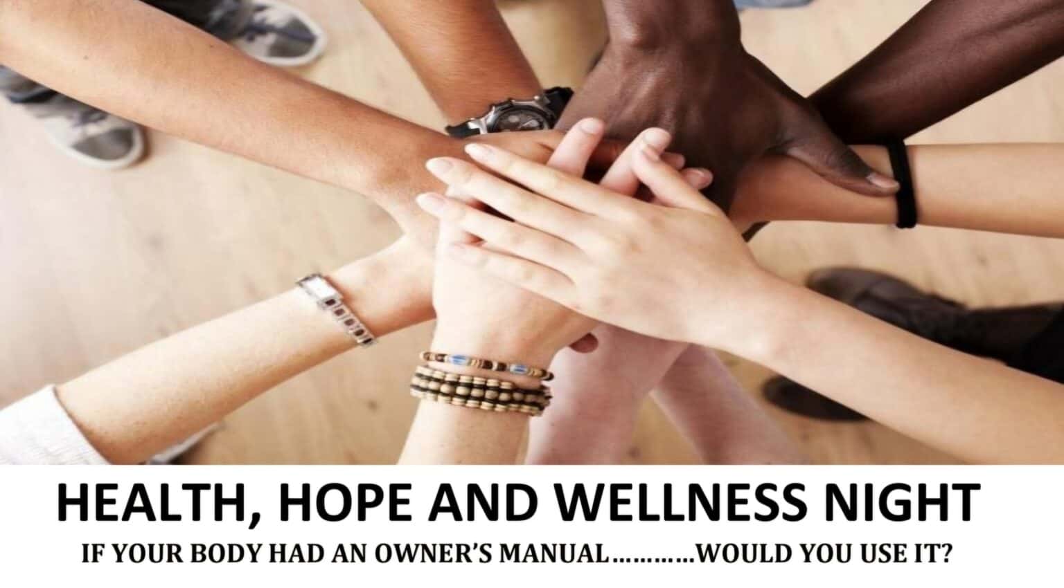 Diverse hands together symbolizing unity and wellness.