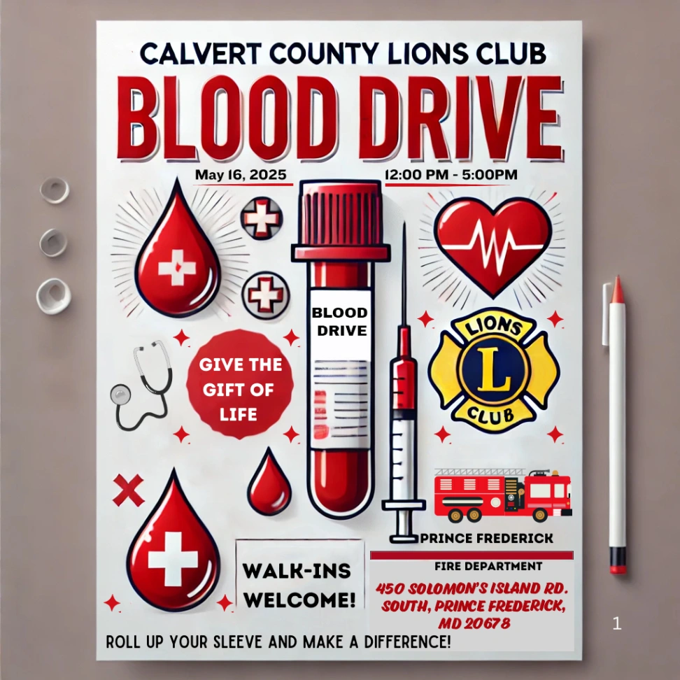 Calvert County Lions Club blood drive poster, May 16, 2025.