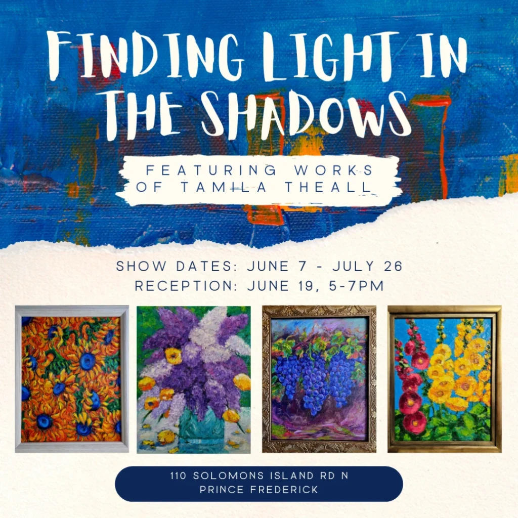 Art exhibit flyer with paintings and event details.