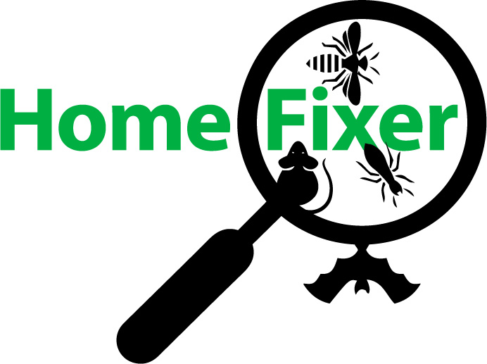 Home Fixer logo with magnifying glass and pests.