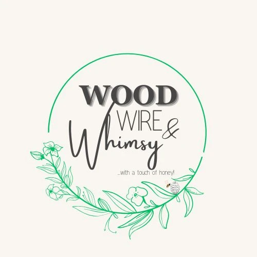Logo: Wood Wire Whimsy, floral design, honey theme.