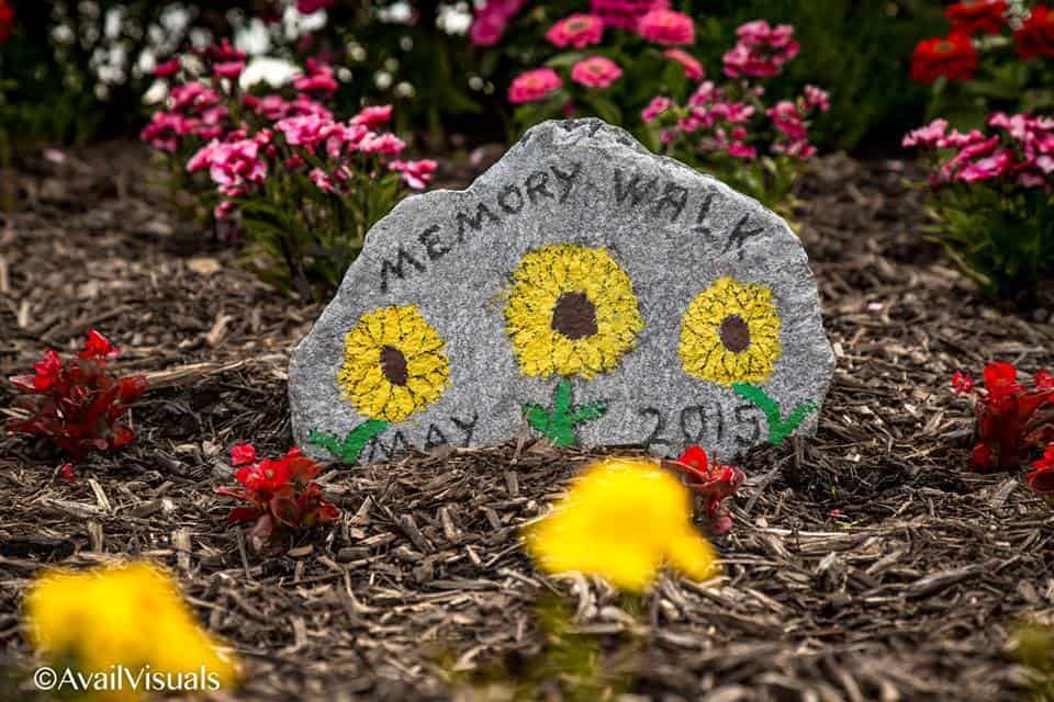 Painted rock with sunflowers in flower garden.