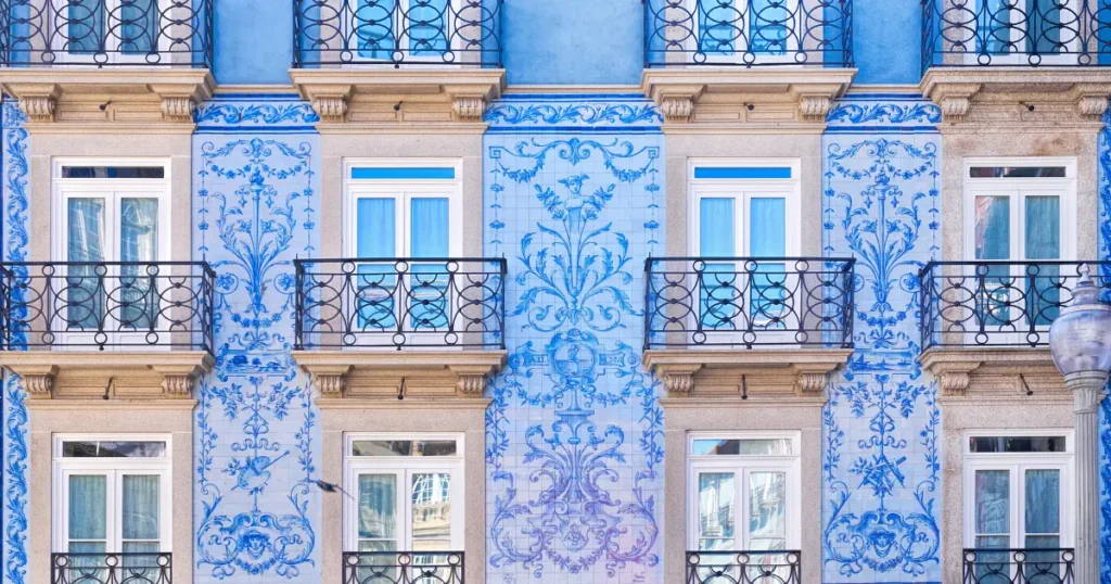 Facade with blue ornate tiles and balconies