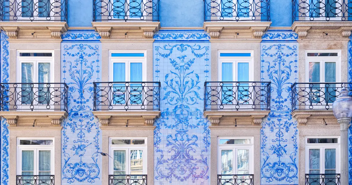 Facade with blue ornate tiles and balconies
