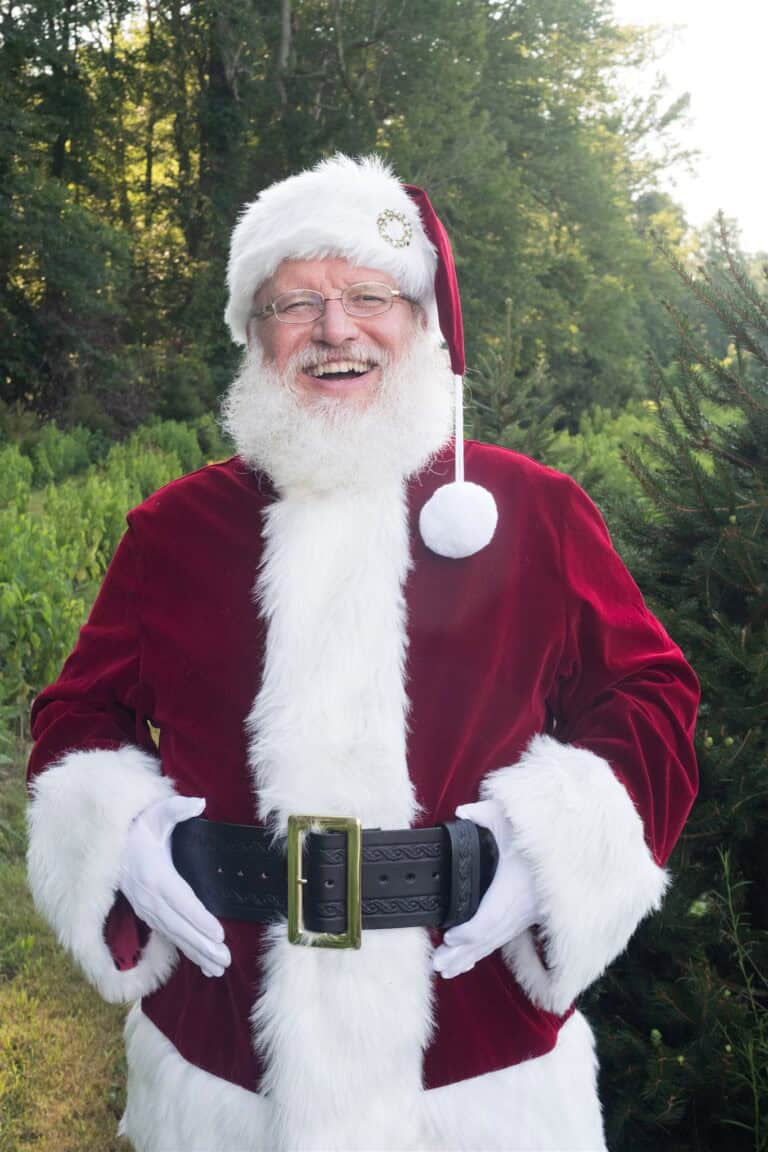 Smiling Santa in forest with red suit