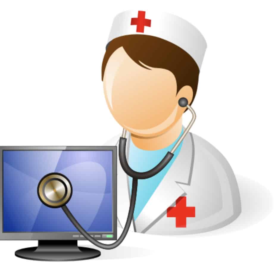 Doctor diagnosing computer with stethoscope icon.