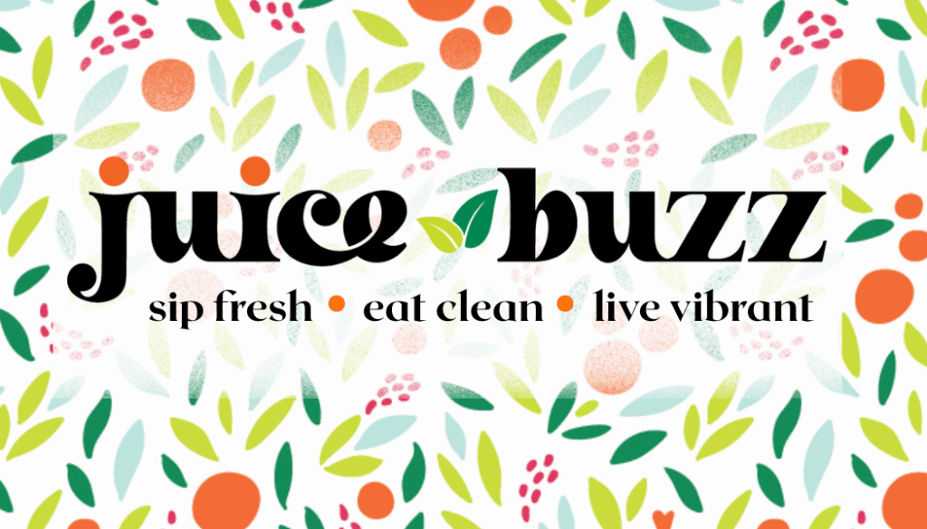 Juice Buzz logo with vibrant leaf background