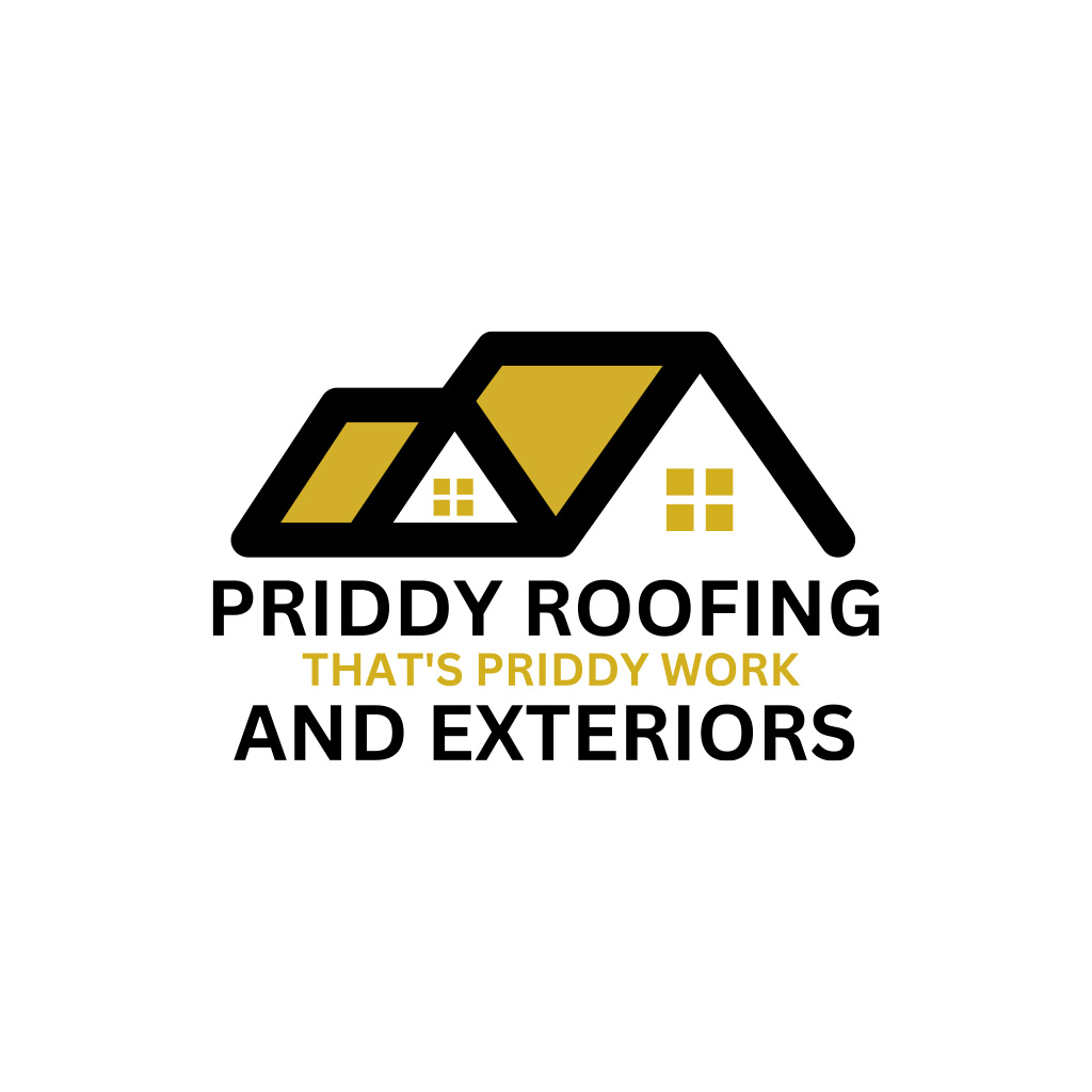 Priddy Roofing logo with stylized house roof design.